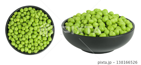 Fresh green peas in ceramic bowl isolated on white background. Top view. Flat lay 138166526