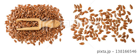flaxseed in wooden scoop isolated on white background. Top view. Flat lay 138166546