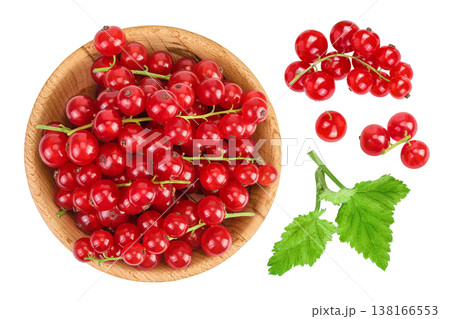 Red currant berries in a wooden bowl isolated on white background. Top view. Flat lay Red currant berries in a wooden bowl isolated on white background. Top view. Flat lay 138166553