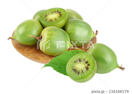 mini kiwi baby fruit or actinidia arguta in wooden bowl isolated on white background with full depth of field. 138166579