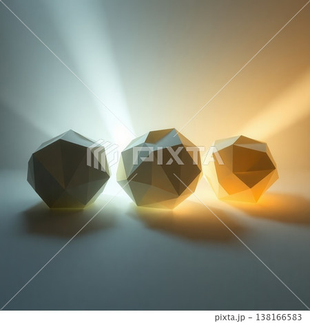Three geometric low-poly spheres illuminated by dramatic orange and blue cinematic light rays on a dark surface. 138166583