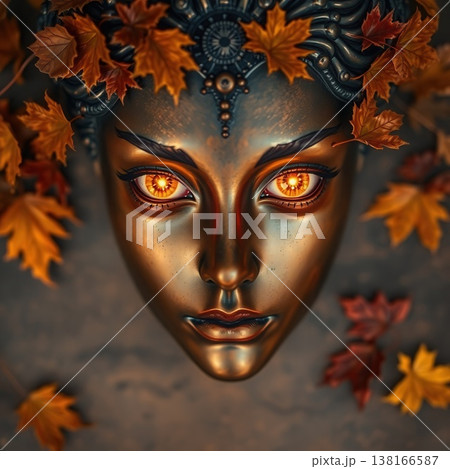 A mystical bronze-colored face with glowing orange eyes, adorned with vibrant autumn maple leaves and intricate crown details. A mystical bronze-colored face with glowing orange eyes, adorned with vibrant autumn maple leaves and intricate crown details. 138166587