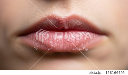 Extreme macro shot of pink lips with severely dry, peeling skin and visible flakes, perfect for dermatology and winter skincare content 138166593