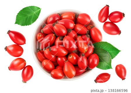 Rose hip in ceramic bowl isolated on a white background with full depth of field. Top view. Flat lay. 138166596