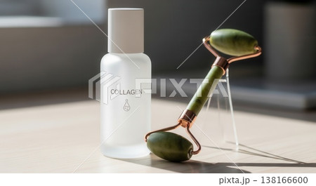 Minimalist display of a frosted collagen serum bottle and a green jade face roller on a light wood surface, illuminated by natural sunlight. 138166600