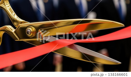 Close-up of ceremonial gold scissors cutting a bright red ribbon during a grand opening event with people in suits blurred in the background. 138166601