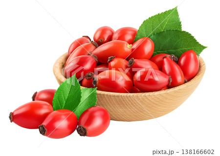 Rose hip in wooden bowl isolated on a white background with full depth of field. Top view. Flat lay. 138166602