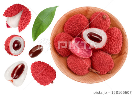 lychee fruit in wooden bowl isolated on white background. Top view. Flat lay lychee fruit in wooden bowl isolated on white background. Top view. Flat lay 138166607