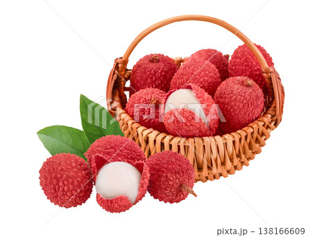 lychee fruit in wicker basket isolated on white background with full depth of field 138166609