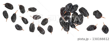 Black raisin isolated on white background . Top view. Flat lay Black raisin isolated on white background . Top view. Flat lay 138166612