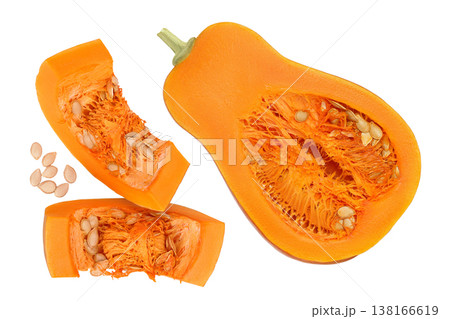 butternut squash piece isolated on white background with full depth of field. Top view. Flat lay butternut squash piece isolated on white background with full depth of field. Top view. Flat lay 138166619