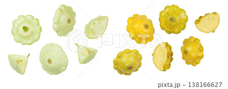 green and yellow pattypan squash isolated on white background. Top view green and yellow pattypan squash isolated on white background. Top view 138166627