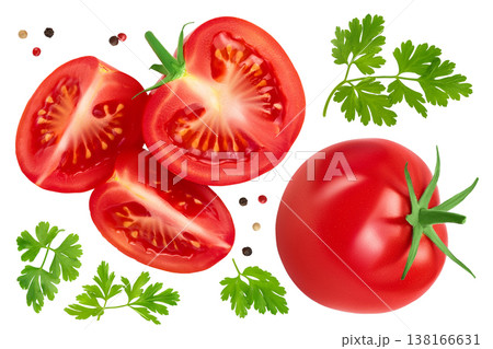 Tomato half with slices isolated on white background. Clipping path and full depth of field. Top view. Flat lay Tomato half with slices isolated on white background. Clipping path and full depth of field. Top view. Flat lay 138166631
