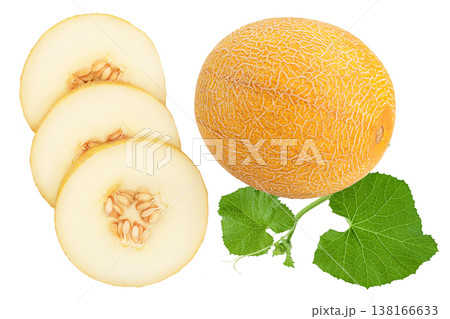 Melon half and slices isolated on white background with full depth of field. Top view. Flat lay Melon half and slices isolated on white background with full depth of field. Top view. Flat lay 138166633