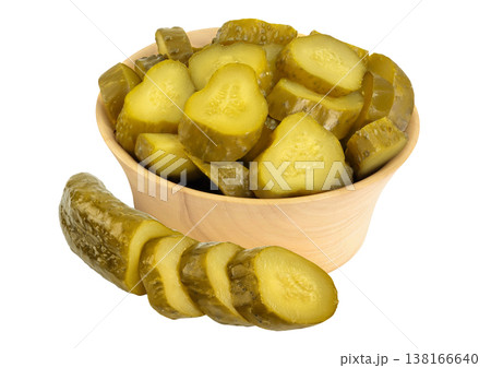 Marinated pickled cucumber in wooden bowl isolated on white background with full depth of field Marinated pickled cucumber in wooden bowl isolated on white background with full depth of field 138166640