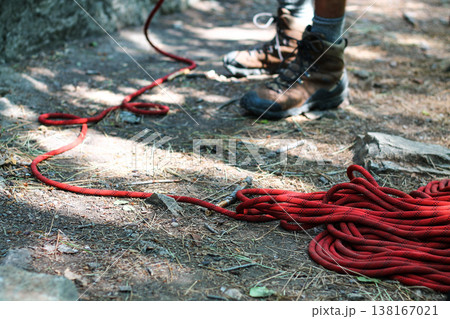 Sport Climbing Belayer And Pile Of Rope 138167021