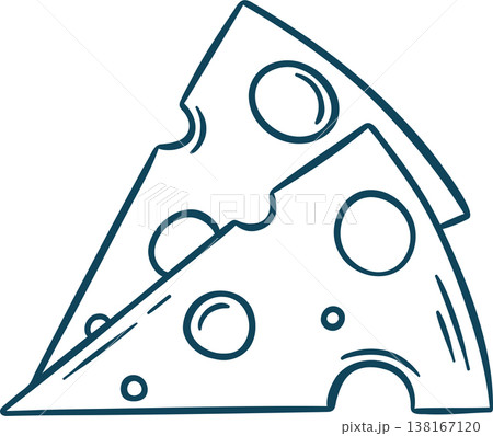 Cheese slice with irregular holes in simple Mediterranean blue doodle style. Classic Swiss cheese icon for deli branding or sandwich menus Cheese slice with irregular holes in simple Mediterranean blue doodle style. Classic Swiss cheese icon for deli branding or sandwich menus 138167120