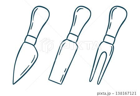 Doodle style cheese slicer, fork, spatula with Mediterranean blue outline. Clean hand-drawn vector of kitchen utensil for food packaging or cafe branding 138167121