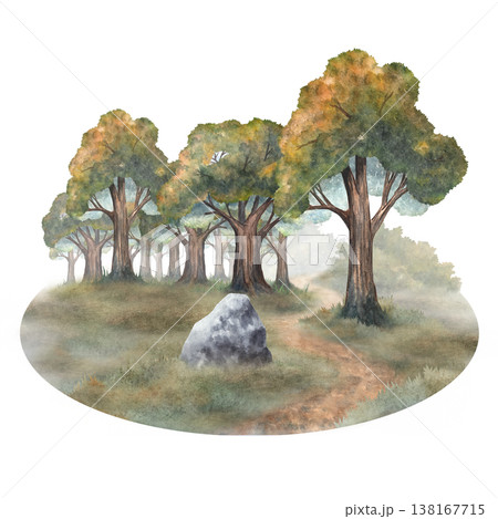 Watercolor forest landscape with trees, winding path, soft misty woodland scene. Hand painted nature illustration isolated on white background for prints, book illustrations, backgrounds design Watercolor forest landscape with trees, winding path, soft misty woodland scene. Hand painted nature illustration isolated on white background for prints, book illustrations, backgrounds design 138167715