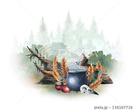 Watercolor forest composition with cauldron, raven skull, feathers, fallen log, mystical woodland scene. Hand painted illustration isolated on white for fantasy design, prints, posters, storytelling Watercolor forest composition with cauldron, raven skull, feathers, fallen log, mystical woodland scene. Hand painted illustration isolated on white for fantasy design, prints, posters, storytelling 138167716