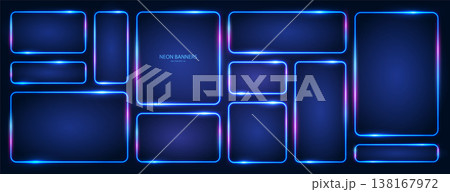 Neon banners. A set of rectangular neon frames with glowing effects and illumination on a dark background. 138167972