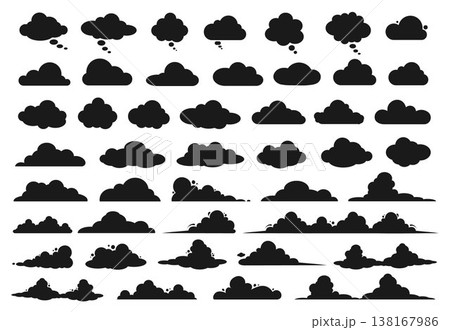 A large set of white clouds of different shapes on a black background. 138167986