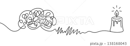 Brain burnout concept continuous line illustration with tangled chaotic mind transforming through stress into candle flame, representing mental exhaustion, anxiety, overthinking and energy loss 138168043