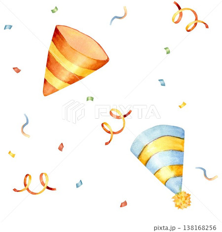 A vibrant seamless pattern featuring triangle-shaped striped party hats with streamers and confetti. Hand-drawn watercolor illustration on an isolated background for birthday party decorations. A vibrant seamless pattern featuring triangle-shaped striped party hats with streamers and confetti. Hand-drawn watercolor illustration on an isolated background for birthday party decorations. 138168256