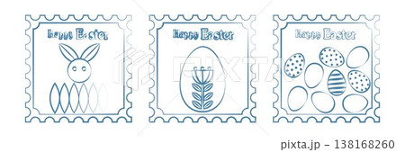 Set of Easter cards. Hand drawn blue line vector. Abstract geometric background. Eggs, spring flowers and decorations. For poster, postcard, scrapbooking, stickers. 138168260