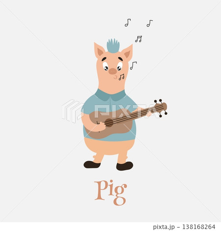 Cute Pig with blue hair Playing Guitar Cartoon Vector Icon Illustration. Flat Cartoon Style 138168264