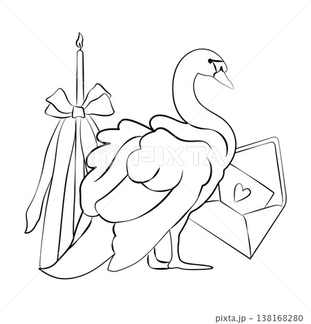 Hand-drawn wedding decor elements such as candle, bow, swan and love letter, ready to use composition for card or invitation Hand-drawn wedding decor elements such as candle, bow, swan and love letter, ready to use composition for card or invitation 138168280