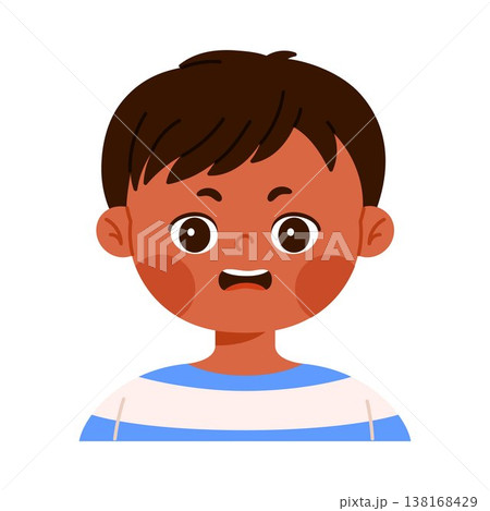 Cute worried little boy character with anxious facial expression. Concerned child avatar with open mouth. Emotional reaction concept. Isolated vector illustration in flat cartoon style Cute worried little boy character with anxious facial expression. Concerned child avatar with open mouth. Emotional reaction concept. Isolated vector illustration in flat cartoon style 138168429