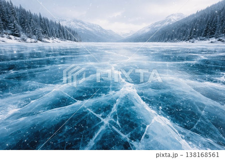 Frozen Lake with Cracked Ice Surface Surrounded by Snowy Mountains Winter Landscape Frozen Lake with Cracked Ice Surface Surrounded by Snowy Mountains Winter Landscape 138168561