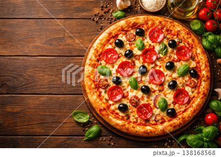 Fresh homemade pepperoni pizza with olives and basil on wooden table top view 138168568