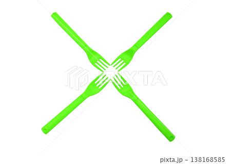 Four green plastic forks for camping, isolated on white 138168585