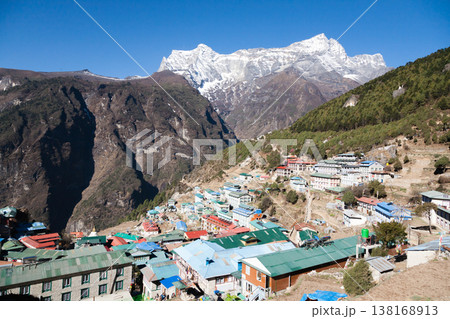 Namche Bazar town view with Kongde Ri peak in the background, Nepal Namche Bazar town view with Kongde Ri peak in the background, Nepal 138168913