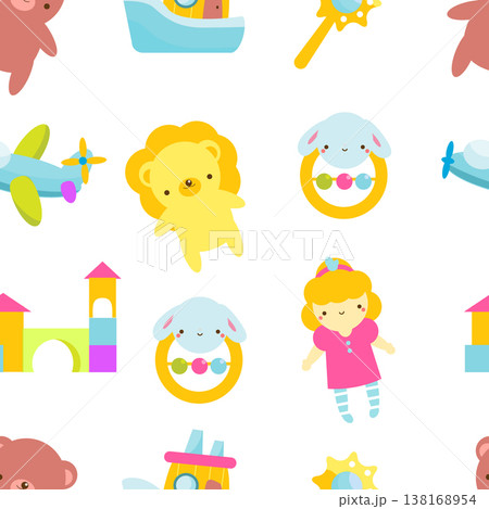 seamless pattern with kids toys. Vector background, featuring dolls, cubes, teddy bear and other playing items for children seamless pattern with kids toys. Vector background, featuring dolls, cubes, teddy bear and other playing items for children 138168954