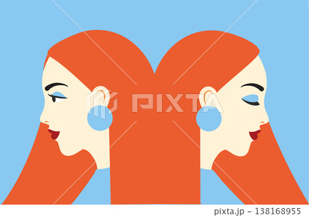 two females turned away from each other. Abstract concept illustration with female profiles against blue background 138168955