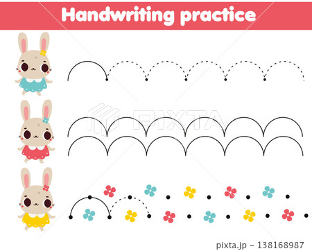 Handwriting practice sheet with cute rabbits. Educational children game. Tracing lines for kids and toddlers 138168987