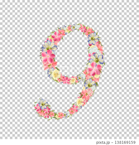 Pressed flower design of the number 9, delicate serif font, pink and blue botanical number, transparent PNG background. Pressed flower design of the number 9, delicate serif font, pink and blue botanical number, transparent PNG background. 138169159