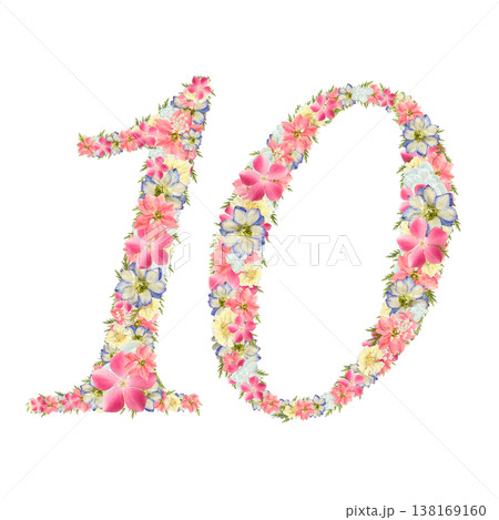 数字の10の押し花素材 繊細なセリフ体 ピンクとブルーのボタニカル数字 背景透過PNG 138169160