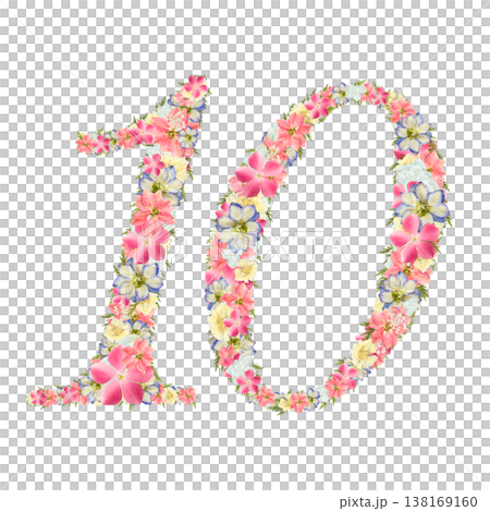 数字の10の押し花素材 繊細なセリフ体 ピンクとブルーのボタニカル数字 背景透過PNG 138169160