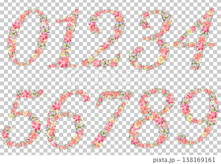 ボタニカル数字セット 0-9 押し花素材 繊細なセリフ体 ピンクとブルーの数字 背景透過PNG 138169161