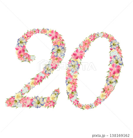 数字の20の押し花素材 繊細なセリフ体 ピンクとブルーのボタニカル数字 背景透過PNG 138169162
