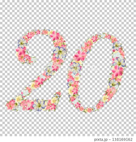 数字の20の押し花素材 繊細なセリフ体 ピンクとブルーのボタニカル数字 背景透過PNG 138169162