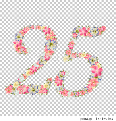 Pressed flower design of the number 25, delicate serif font, pink and blue botanical numbers, transparent PNG background. Pressed flower design of the number 25, delicate serif font, pink and blue botanical numbers, transparent PNG background. 138169163