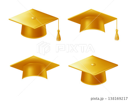 Realistic gold graduate caps set. 3D Graduation Doctoral hat Realistic gold graduate caps set. 3D Graduation Doctoral hat 138169217