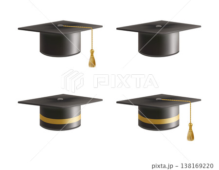 Realistic Black graduate caps set. 3D Graduation Doctoral hat. Realistic Black graduate caps set. 3D Graduation Doctoral hat. 138169220