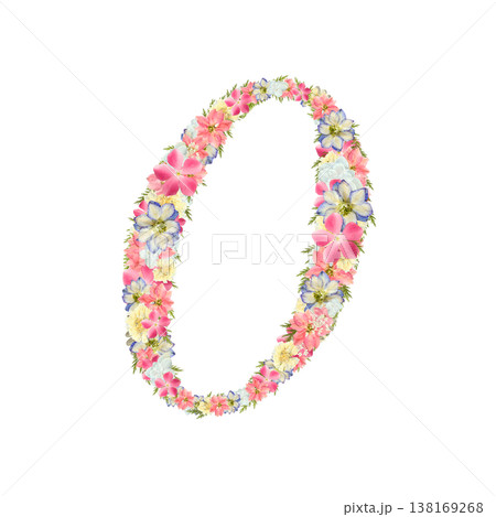 数字の0の押し花素材 繊細なセリフ体 ピンクとブルーのボタニカル数字 背景透過PNG 138169268