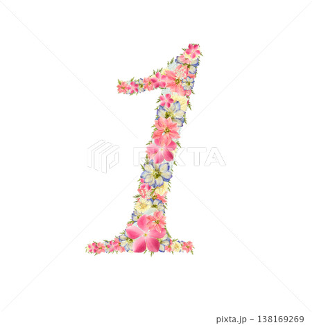 数字の1の押し花素材 繊細なセリフ体 ピンクとブルーのボタニカル数字 背景透過PNG 数字の1の押し花素材 繊細なセリフ体 ピンクとブルーのボタニカル数字 背景透過PNG 138169269